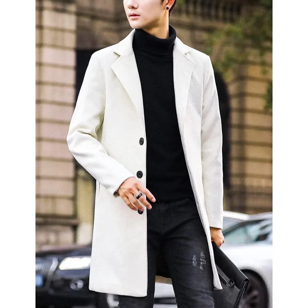 Men's White Wool Blend Pea Coat Notched Collar Single Breasted Overcoat